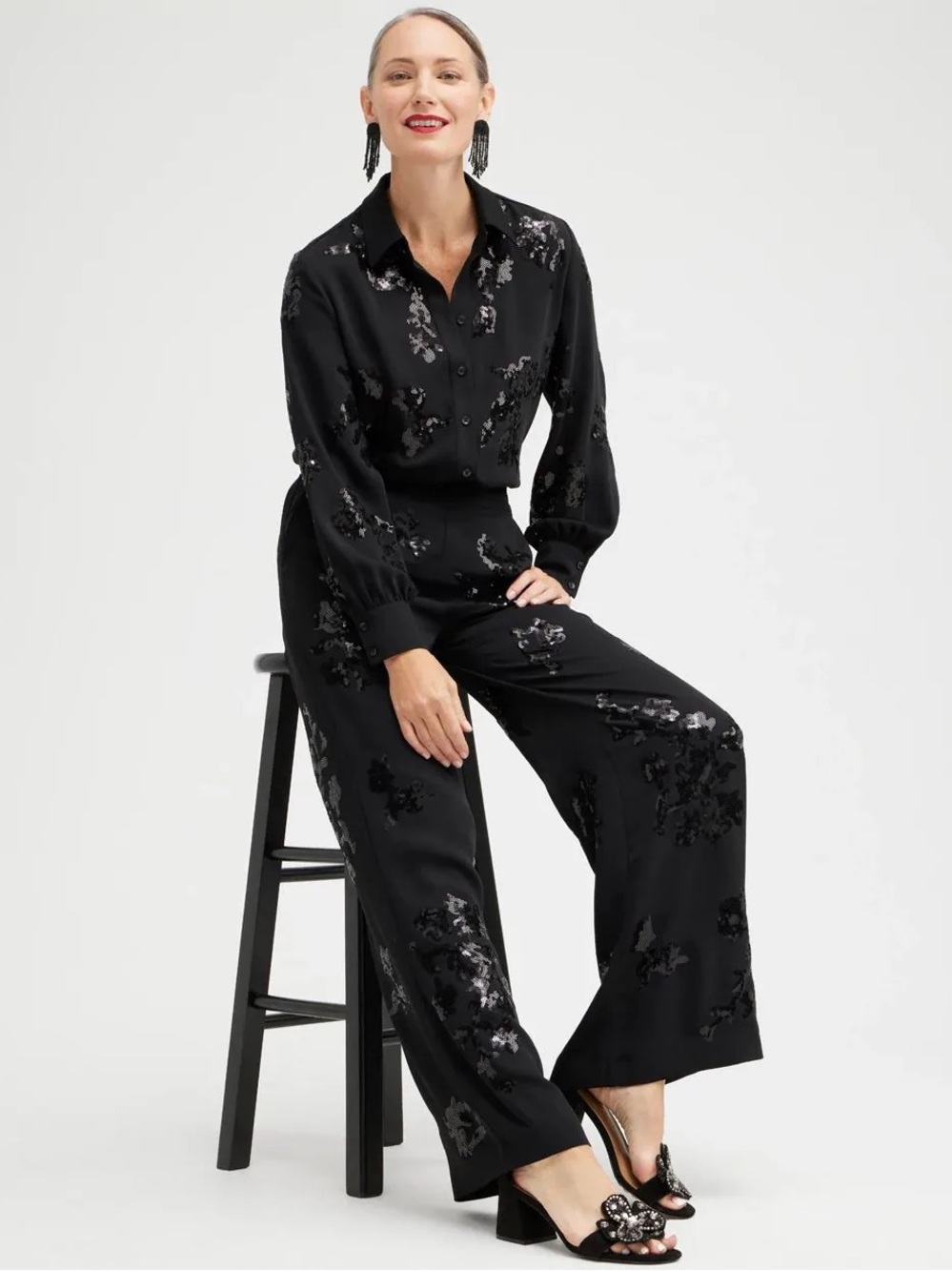 Chico’s Sequin Embellished Shirt & Floral Sequin Wide Leg Pants 2-Piece Set